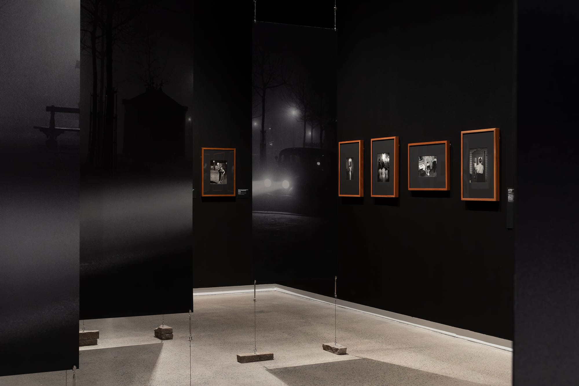 Black gallery space showcasing photography and enlarged sectioned canvas in center.