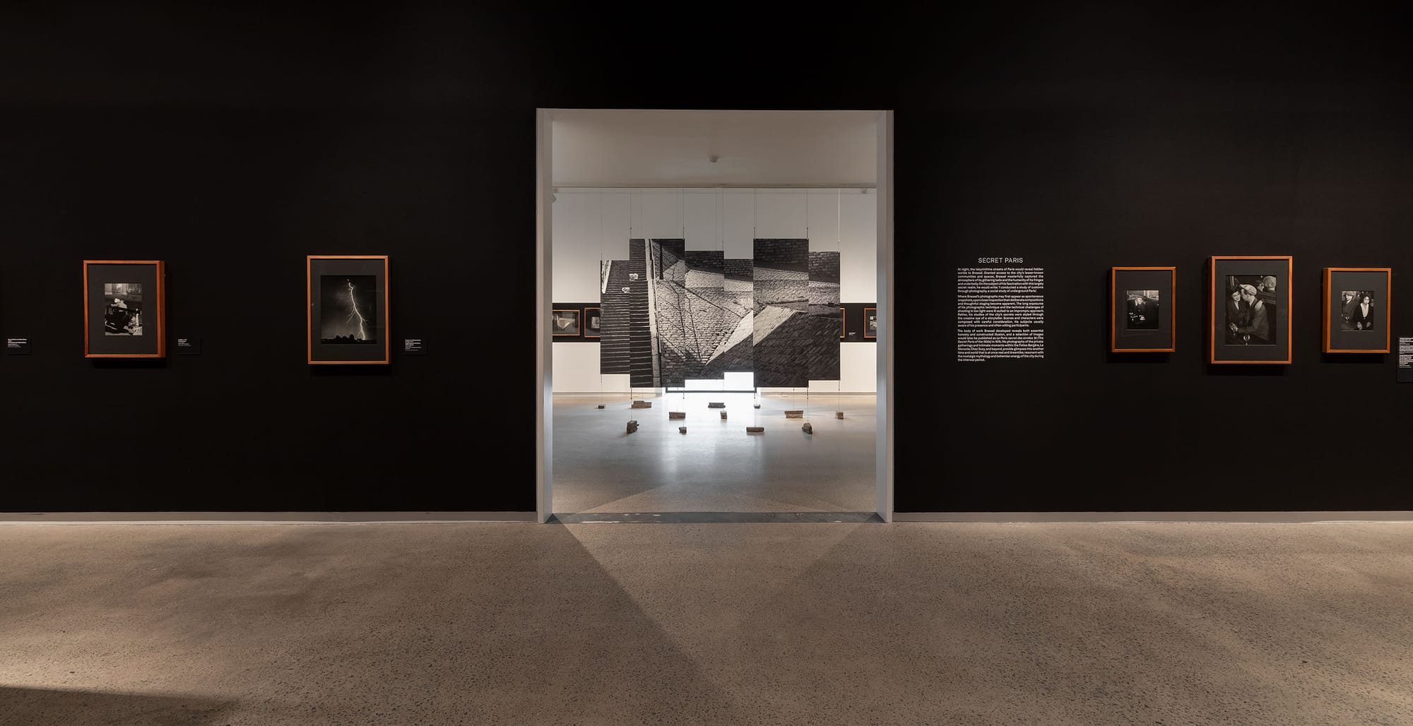 Black and white gallery space showcasing wooden framed photography and enlarged sectioned canvas in center.