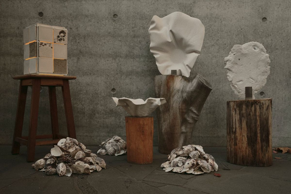 Oyster discarded material experimentation objects and tiles.