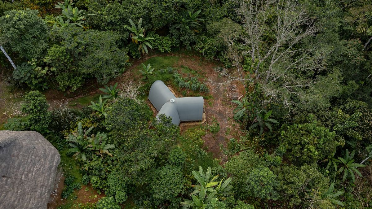 Top view on three sectioned, earth constructed laboratory surrounded by lush jungle.