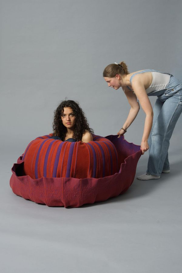 Emone by Luna Haverkorn. Photography by Kasper Heden Andersen. Red and purple, interactive, nature informed furniture piece.