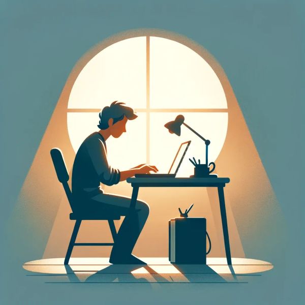 A writer during work, typing on a laptop