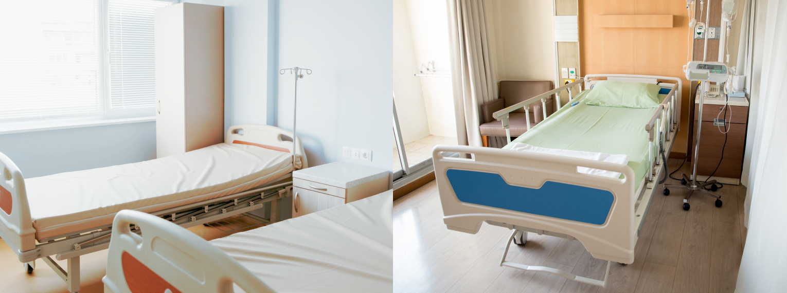 Ein Bett in einem Mehrbettenzimmer und ein Bett in einem Einzelzimmer im Krankenhaus werden verglichen.