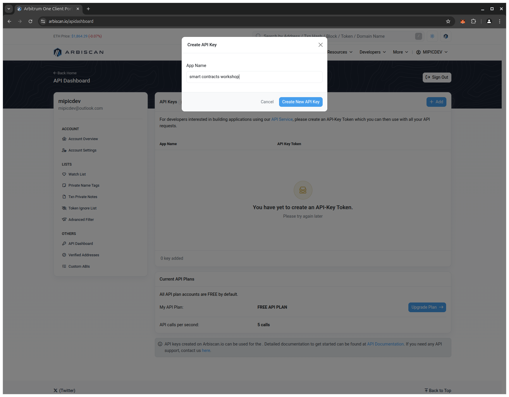 Arbiscan: create API key