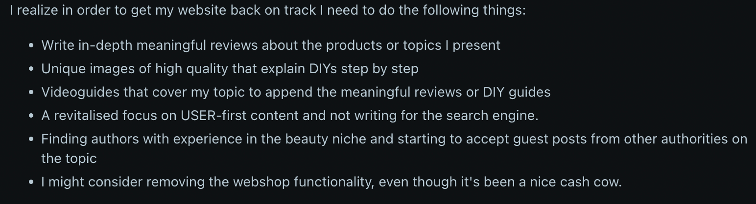 Bullet list of the important ways to provide value to customers within blog posts and keep the Google rankings high. Including meaningful reviews, high-quality how-tos, video guides, user-first content, and more.