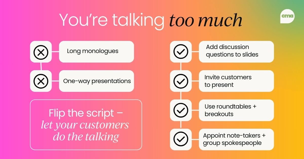 Infographic titled “You’re talking too much.” It outlines the problem of advisory boards being too presentation-heavy, and offers four solutions: add discussion questions, invite customers to present, use breakouts or roundtables, and assign note-takers and spokespeople to share group feedback. Includes icons for speaking, discussion, and collaboration.