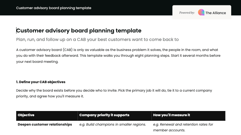 Customer advisory board planning template