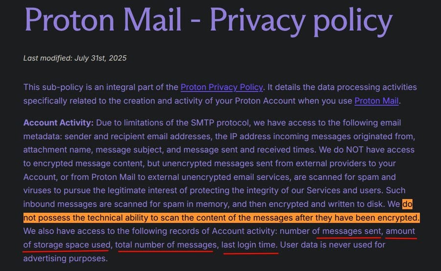 Privacy policy screenshot