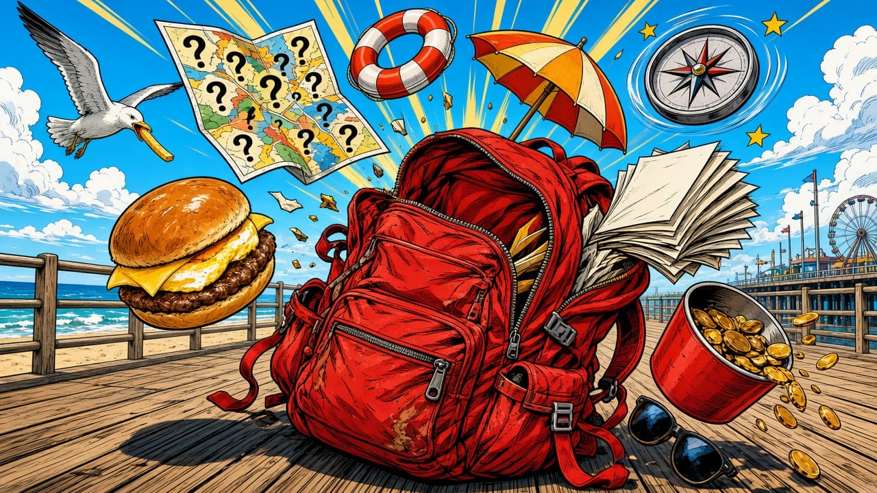 A red survival backpack bursts open on a Jersey Shore boardwalk, launching a confusing map, a pork roll sandwich, a life ring and spilling coins.