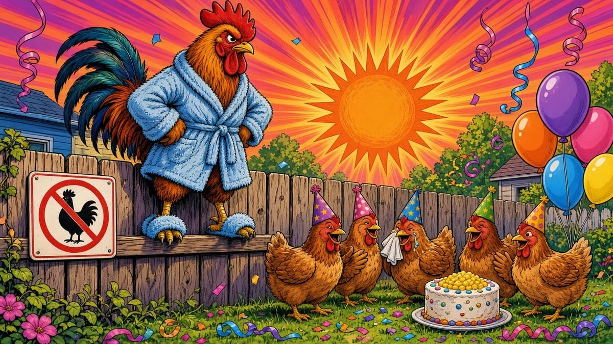 A rooster in a blue bathrobe glares at a no-roosters sign while hens in party hats throw him a farewell party at sunrise.