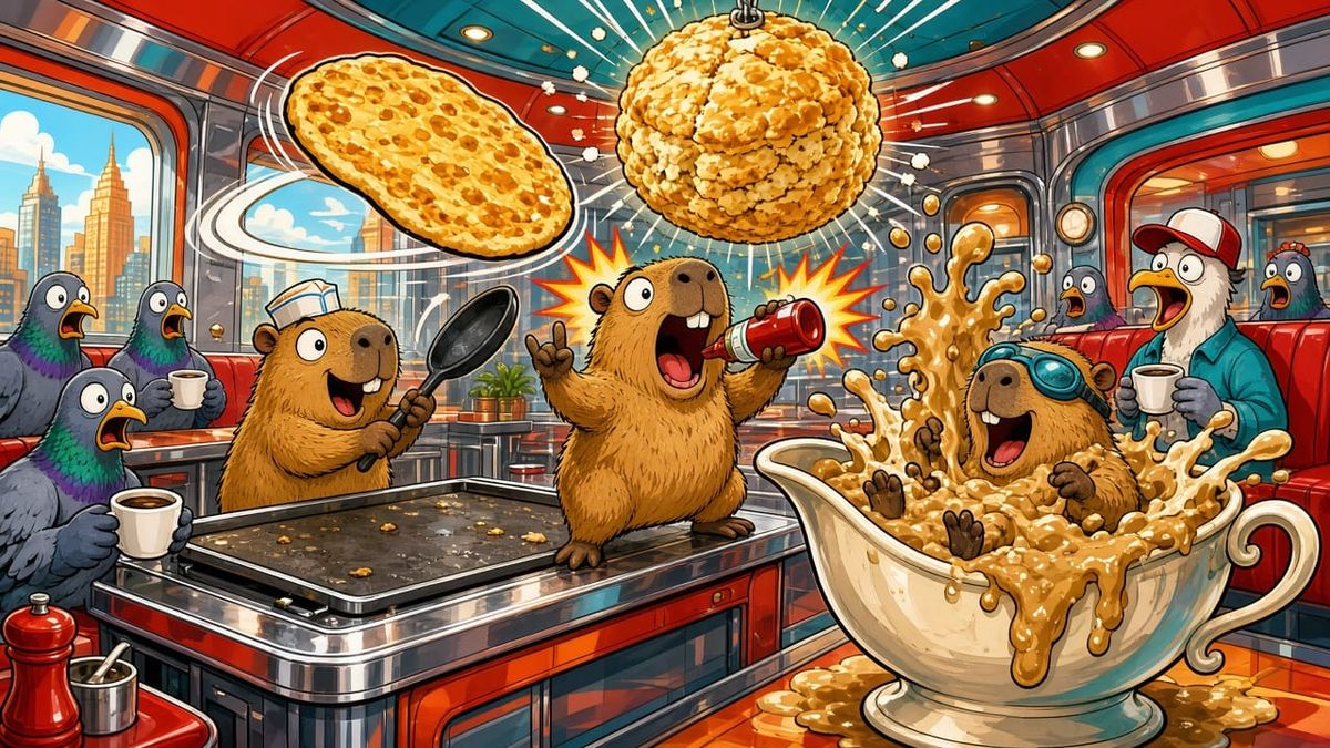 Three cartoon capybara pups wreck a diner: one flips pancakes, one sings into a hot sauce bottle, one cannonballs into a giant gravy boat.