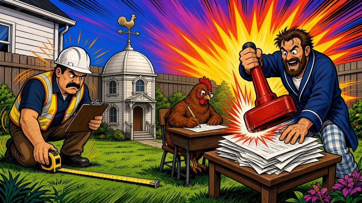 A hen in glasses takes a written test in a backyard while an inspector measures a fancy coop and paperwork gets stamped.