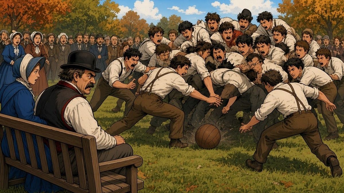 Mustachioed players in suspenders scramble over a round ball in 1869 New Brunswick as a grumpy man in a bowler hat glares from a bench.