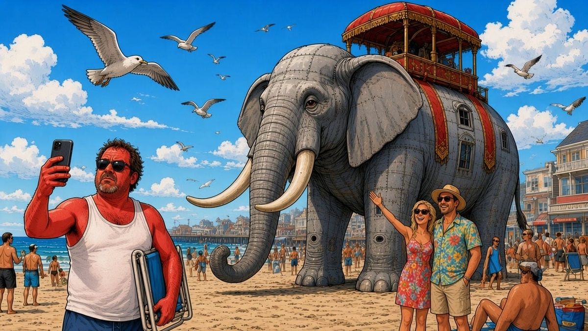 Lucy the Elephant towers over a crowded Margate beach as seagulls circle and a sunburned man in a tank top holds up his phone.