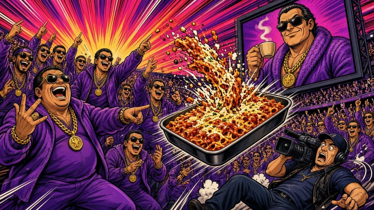 A stadium crowd in purple velour tracksuits and gold chains cheers as a tray of baked ziti flies toward a tumbling camera operator.
