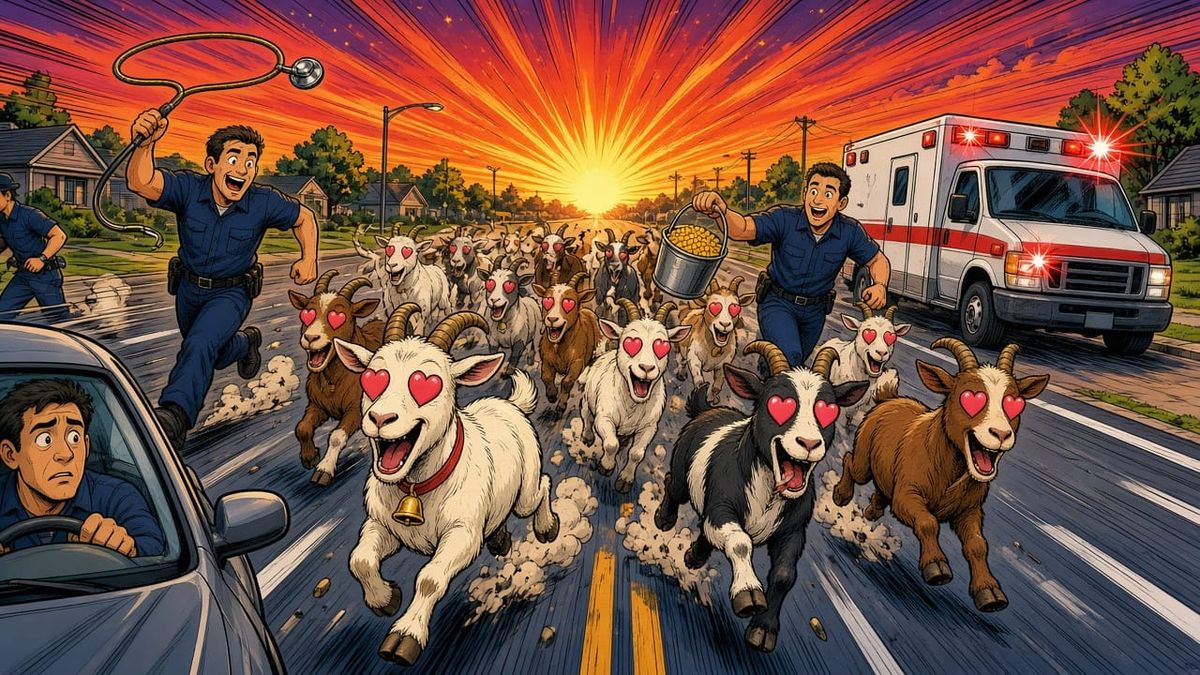 Grinning EMTs with a bucket of corn lead a stampede of heart-eyed goats down a suburban road past an ambulance.