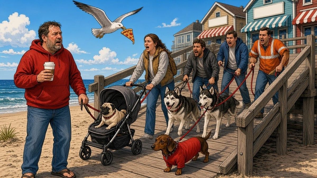 Exasperated owners haul huskies, a dachshund and a stroller pug down an Ocean City boardwalk ramp as a local in a red hoodie watches.