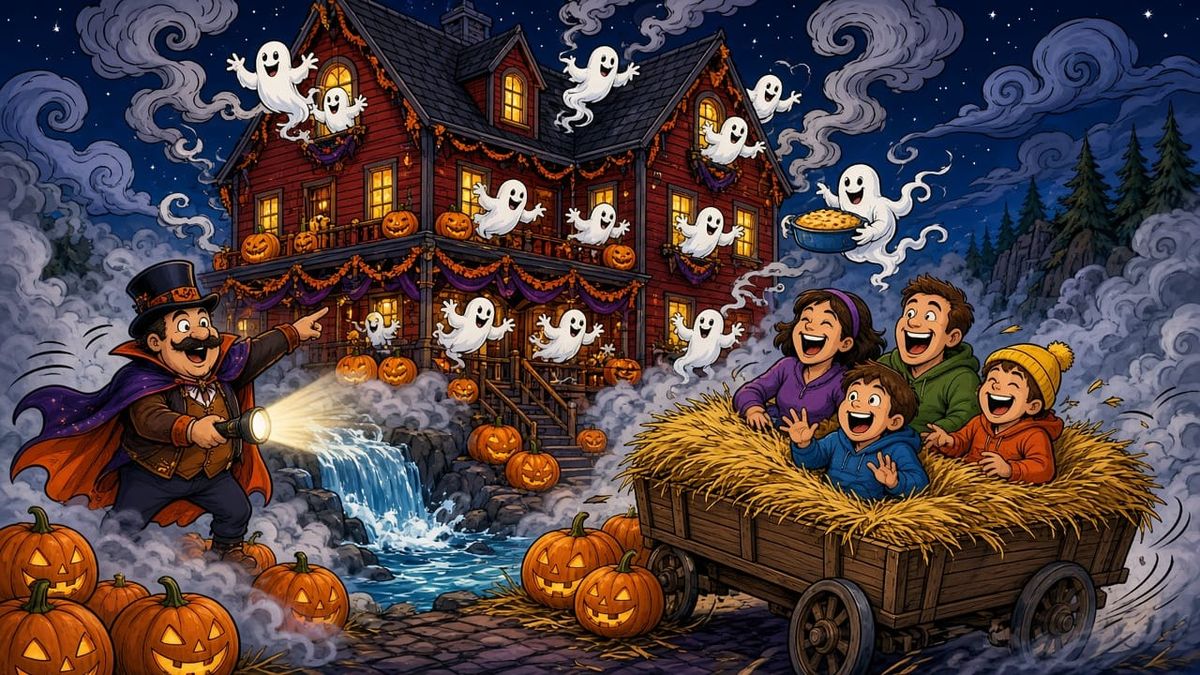 A haunt host in a top hat points a flashlight at a red mill full of friendly ghosts as a family rides by on a hay wagon.