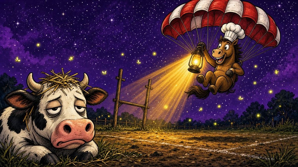 A cartoon mustang in a chef's hat parachutes over a dark football field, its lantern beaming light as a sleepy cow squints up.