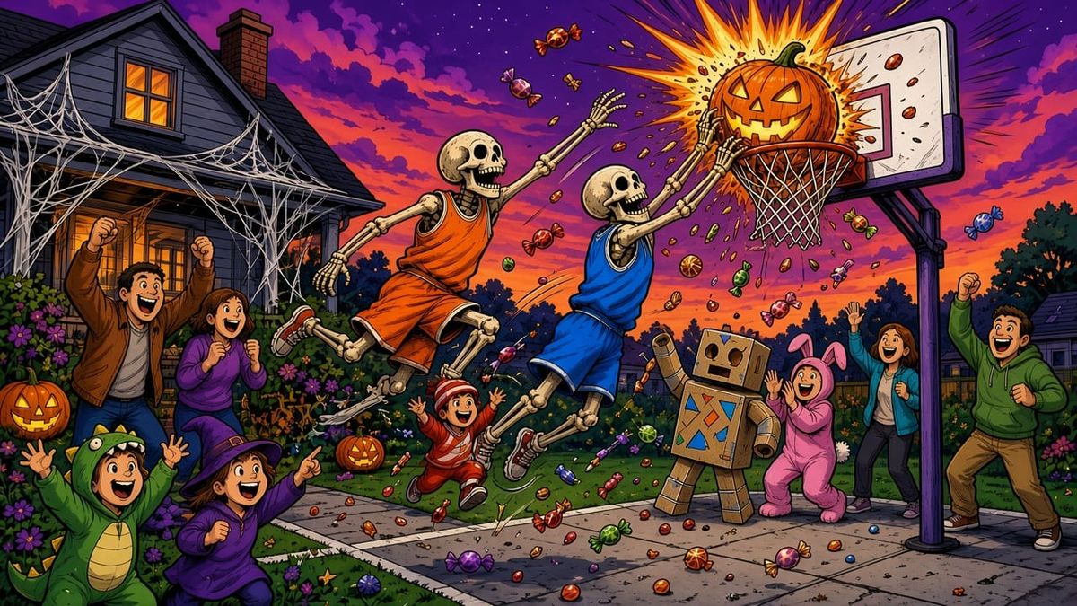Two cartoon skeletons slam a glowing jack-o'-lantern through a driveway hoop as costumed kids cheer on a Halloween lawn.
