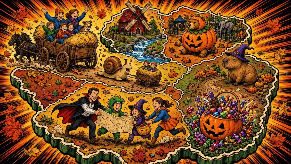 A costumed family races across a board-game map of New Jersey past a hayride, a pumpkin-costumed bear and a candy bucket.