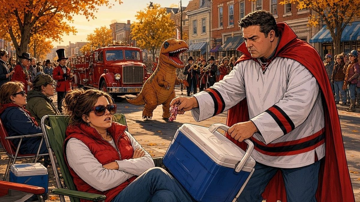 A caped man grudgingly hands candy to a woman guarding her lawn-chair spot as a fire truck and an inflatable dinosaur pass in Toms River.