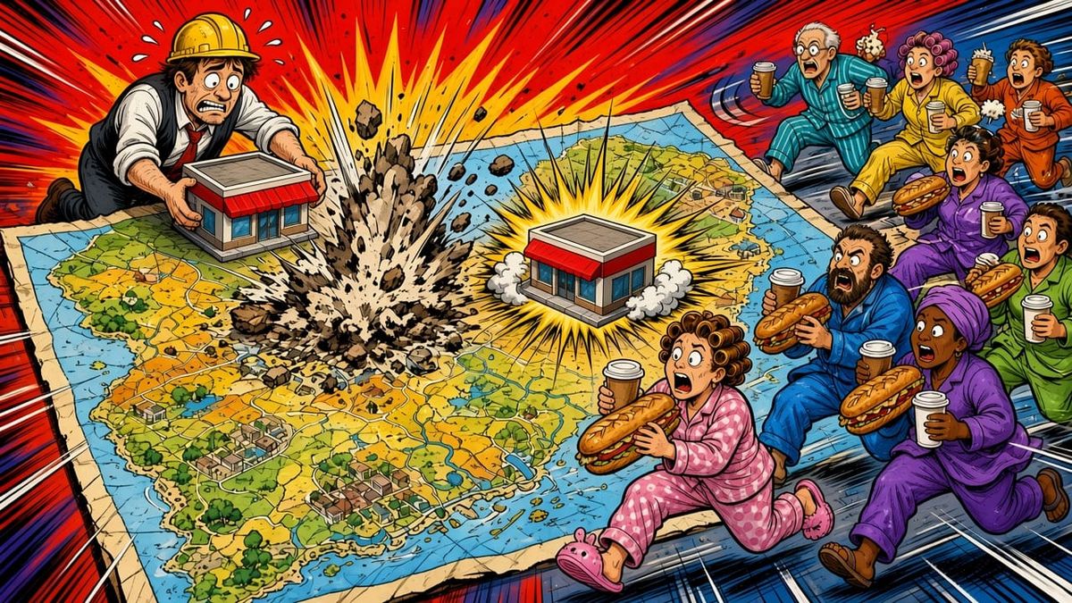 A panicked worker moves tiny convenience stores around a giant South Jersey map like game pieces as one store crumbles.