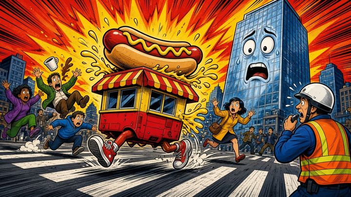 A cartoon hot dog stand in red sneakers sprints across a city crosswalk as startled pedestrians leap aside.