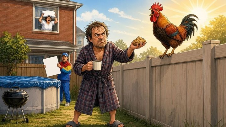 A man in a bathrobe offers feed to a rooster crowing on a Brick backyard fence at sunrise as a neighbor yells from a window with a pillow.