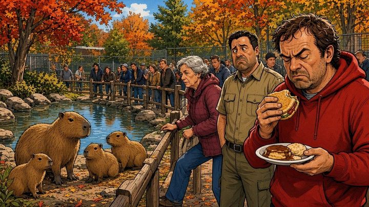 A man in a red hoodie eats a breakfast sandwich with a plate of biscuits and gravy beside the capybara pond at Turtle Back Zoo.