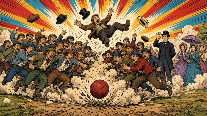 Two huge mobs in 1869 street clothes collide in a dust cloud chasing one ball as onlookers gasp.