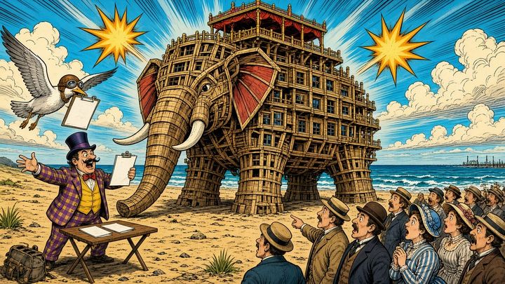 A giant wooden elephant building towers over an 1880s beach as a top-hatted salesman pitches land deeds to a crowd.