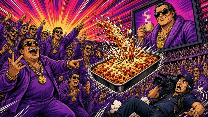A stadium crowd in purple velour tracksuits and gold chains cheers as a tray of baked ziti flies toward a tumbling camera operator.