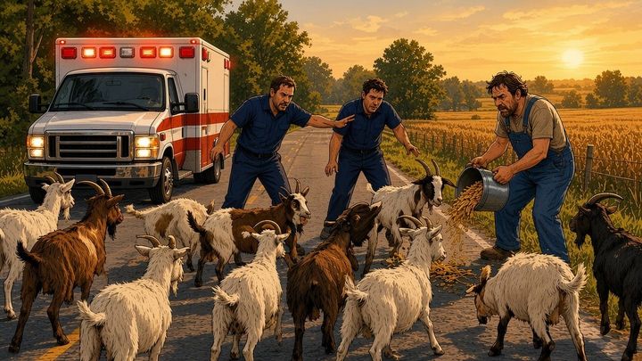 Two weary EMTs wave a herd of goats off a Monroe road by their ambulance at sunset as a farmer shakes out a bucket of corn.