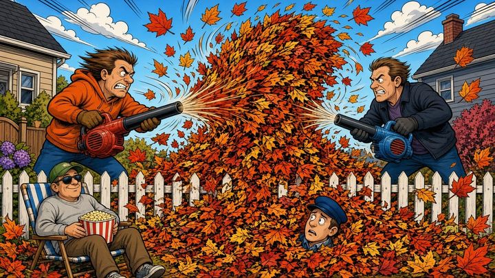 Two neighbors blast a tornado of leaves at each other over a fence, burying a mail carrier, while a third eats popcorn.