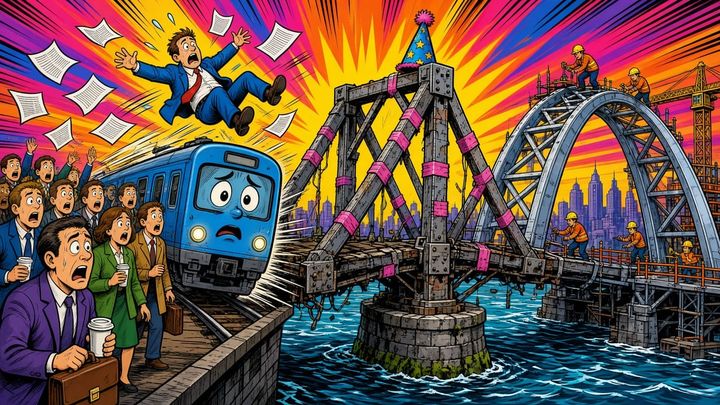 A worried cartoon train stops at a crumbling old bridge in a party hat while workers finish a shiny new bridge beside it.