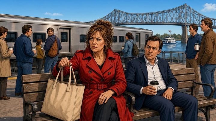 A woman in a red trench coat side-eyes a man in a suit on a crowded North Jersey rail platform, a steel bridge and a ferry behind them.