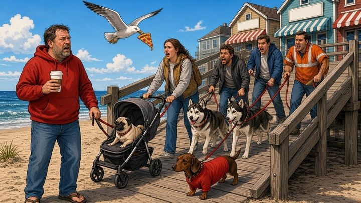 Exasperated owners haul huskies, a dachshund and a stroller pug down an Ocean City boardwalk ramp as a local in a red hoodie watches.