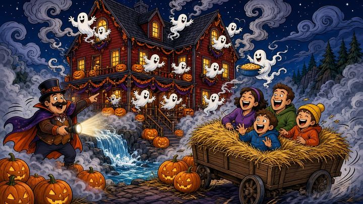 A haunt host in a top hat points a flashlight at a red mill full of friendly ghosts as a family rides by on a hay wagon.