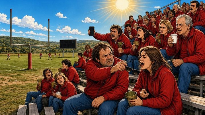 Squinting fans in red jackets pack old bleachers at a sunny Sparta football field as a gruff man hands the woman next to him his sunglasses.