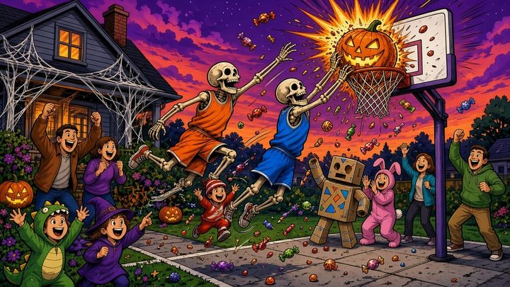 Two cartoon skeletons slam a glowing jack-o'-lantern through a driveway hoop as costumed kids cheer on a Halloween lawn.