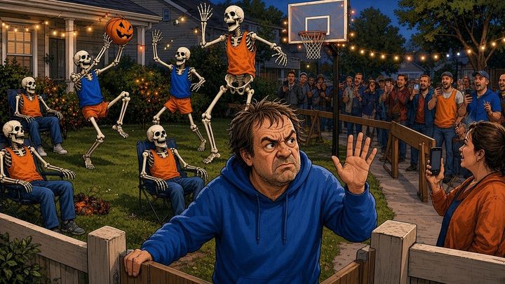 Skeletons in orange and blue leap at a hoop with a pumpkin ball on a lit Tenafly lawn as the weary homeowner waves at the crowd.