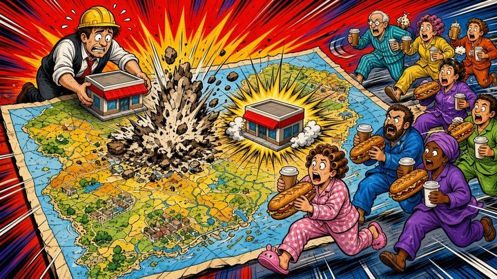 A panicked worker moves tiny convenience stores around a giant South Jersey map like game pieces as one store crumbles.