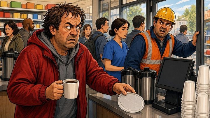 A gruff man in a red jacket slides a lost regular a coffee lid at a packed South Jersey convenience store as a construction worker holds the door.