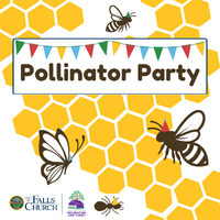 Honeycomb pattern background with bug outlines and party hats, text that read Pollinator Party