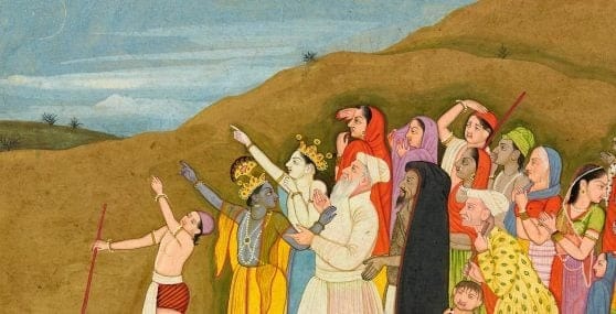 At the base of a green hill, a group of people looks and points at a white crescent in the sky. One figure has blue skin.