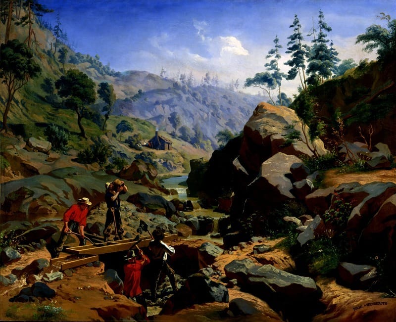 Painting of American workers on a trail amidst trees and mountains.