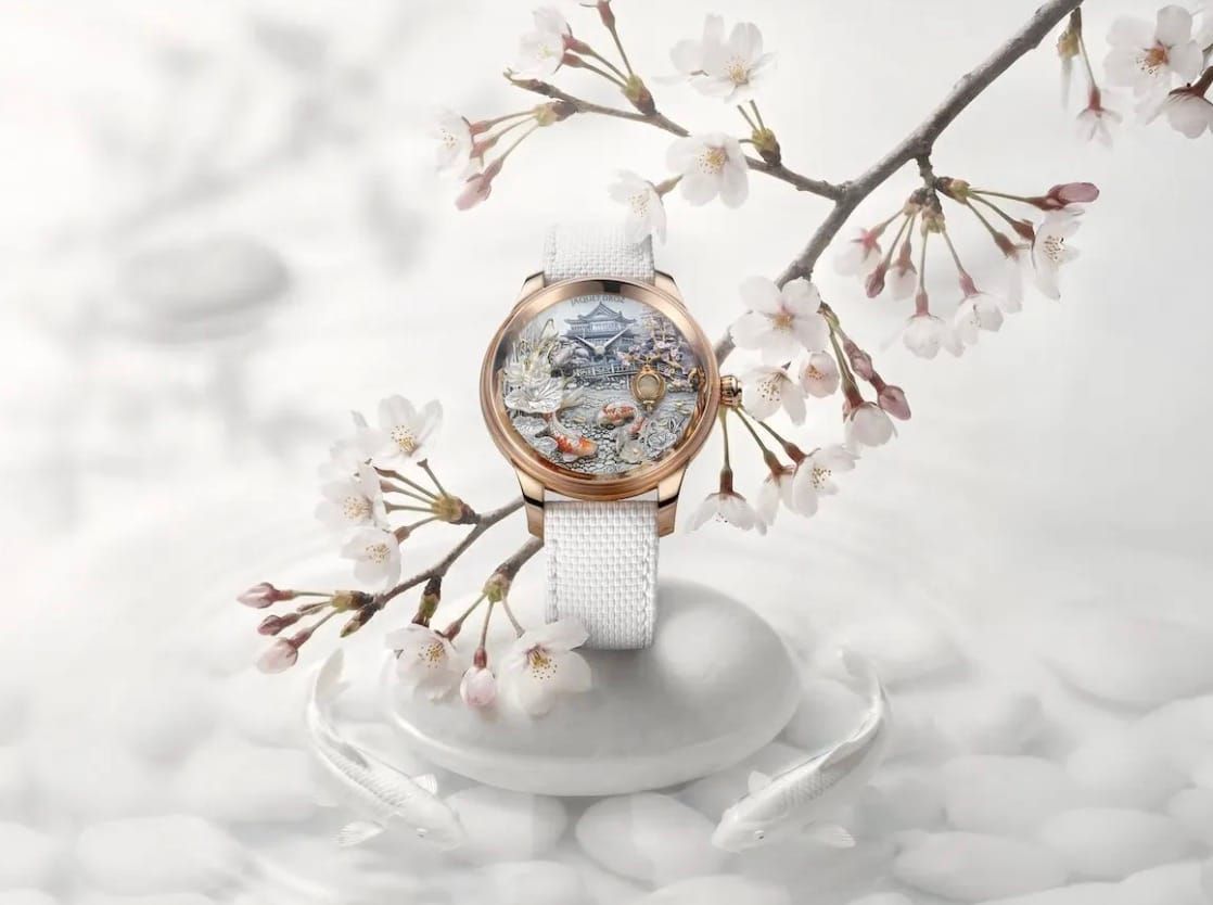 Jaquet Droz Petite Heure Minute Red Gold Japanese Garden Unique Piece with Hand-Carved Mother-of-Pearl