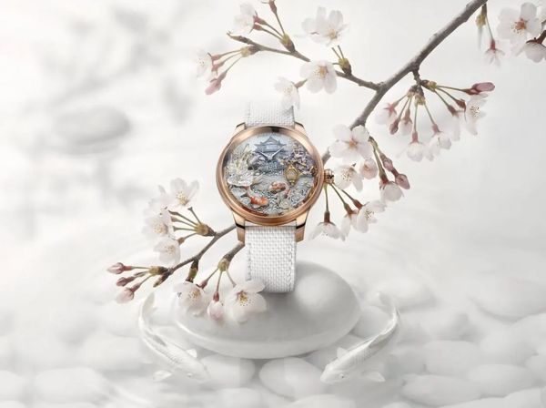 Jaquet Droz Petite Heure Minute Red Gold Japanese Garden Unique Piece with Hand-Carved Mother-of-Pearl