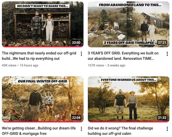 images of video thumbnails for off grid building videos